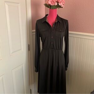 70s Retro Feel Long Sleeved Midi A-Line Black Dress size Large